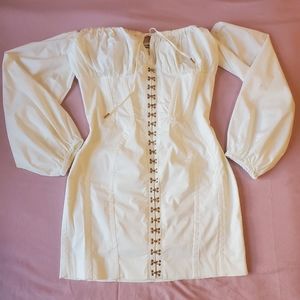 Hook and Eye Caged White Puff Mini Dress